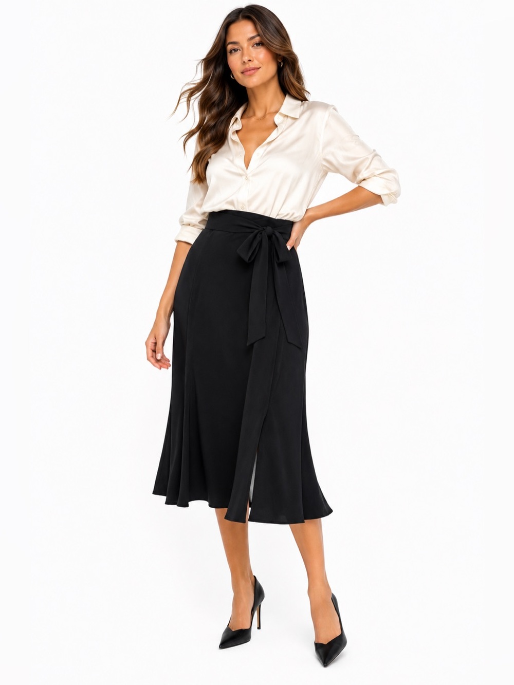 Liz Claiborne Black High Waist Tie Belt Midi Skirt Size 10 Flowy Office Chic
